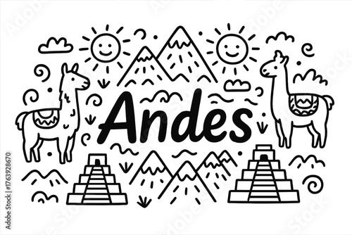 Andes Doodle Art. Doodle andes with llamas, suns, and temples, center word “Andes” in black and white isolated transparent