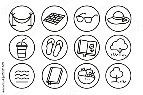 Outdoor Leisure Icons. Line style round icons of outdoor leisure: hammock, picnic blanket, sunglasses, sun hat; drink cup, flip
