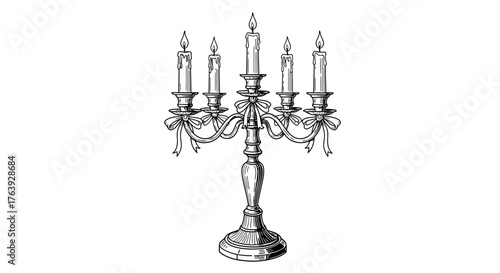Elegant vintage candelabra with five lit candles in detailed line art style