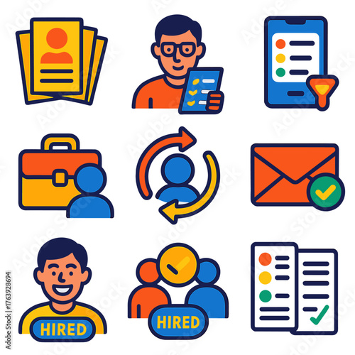 Job Seeker Icons. Flat vector icons of job seekers simple: stack of resumes, candidate with glasses reviewing job criteria, mobile