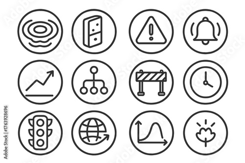 Consequences Icon Set. Line style round icons of consequences: ripple wave, domino tile, warning sign, alert icon; result chart,