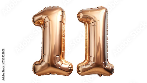 Rose gold number 11 balloons isolated on transparent background for birthday party decoration