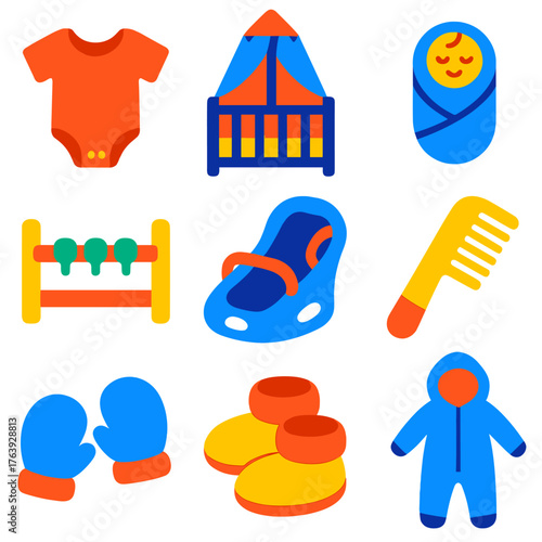 Colorful Baby Care Icons. Flat vector icons of baby care: baby bodysuit, mosquito net for crib, swaddle wrap. Crib rail teether