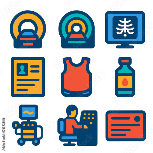 Diagnostic Imaging Icons. Flat vector icons of diagnostic imaging departments: CT scan tunnel icon, MRI machine symbol, x-ray