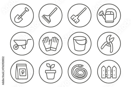 Gardening Tool Icons. Line style round icons of gardening tools: shovel, rake, hoe, watering can; wheelbarrow, gloves, bucket,
