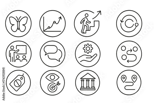 Change Management Icons. Line style round icons of change management: transformation icon, transition curve, adaptation steps,