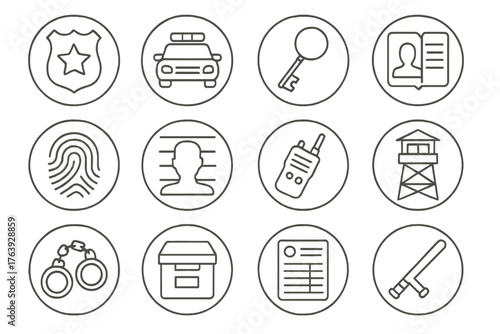 Law Enforcement Icons. Line style round icons of law enforcement: police badge, patrol car, jail key, booking file; fingerprint,