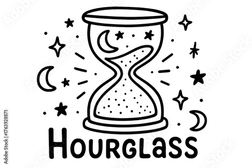 Starry Hourglass Doodle. Doodle hourglass with stars, sands, and moons, center word “Hourglass” in black and white isolated