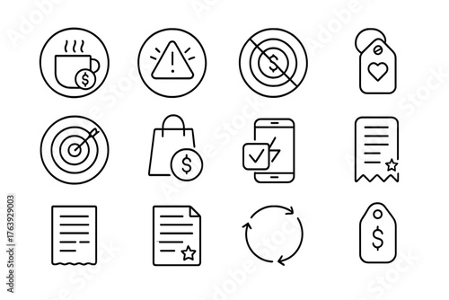 Financial Habits Icons. Line style round icons of money habits: coffee cup with coin, spending alert, “no spend” icon, wishlist
