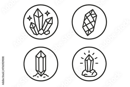Crystal Line Art. Line style round icons of natural crystals: quartz, amethyst, fluorite, citrine; cluster, shard, hexagonal prism