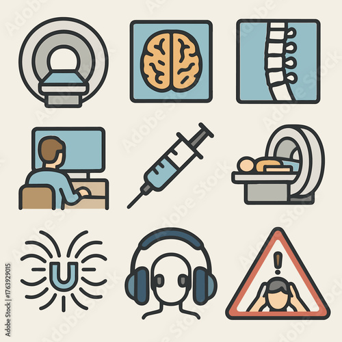 MRI Procedure Elements. Flat vector icons of magnetic resonance imaging (MRI): MRI scanner tunnel, brain cross-section image,