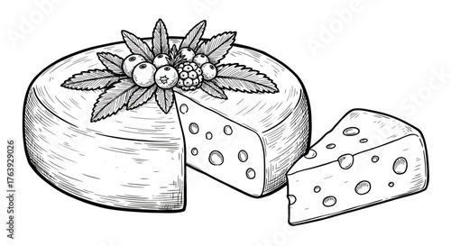 Hand drawn cheese wheel with slice and berries