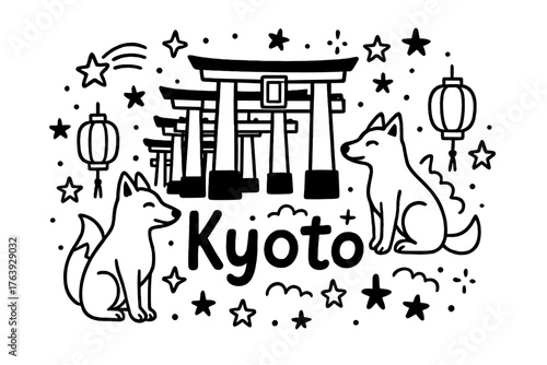 Fushimi Inari Doodle. Doodle kyoto fushimi inari gates with foxes, stars, and lanterns, center word “Kyoto” in black and white