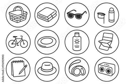 Park Essentials Icons. Line style round icons of park essentials: picnic basket, blanket, sunglasses, thermos; bike, frisbee,