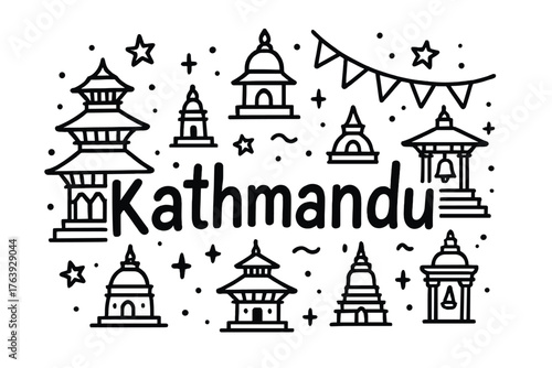 Kathmandu Square Doodle. Doodle kathmandu durbar square with stars, temples, and flags, center word “Kathmandu” in black and white