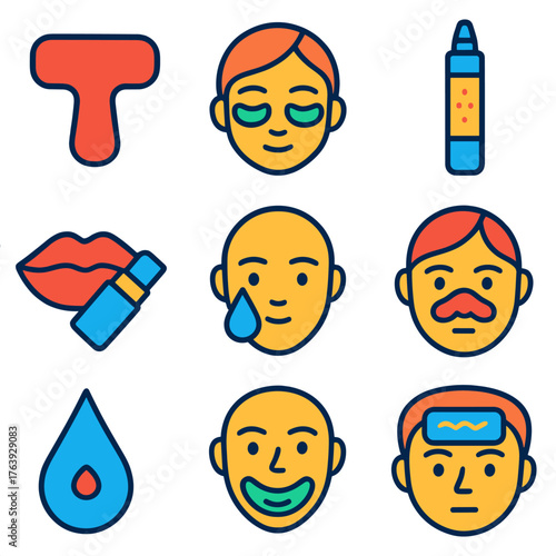 Facial Care Icons. Flat vector icons of targeted facial care: T-zone strip, under-eye patches, blemish treatment pen, lip