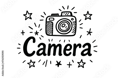 Doodle Camera Design. Doodle camera with stars, lenses, and flashes, center word “Camera” in black and white isolated transparent