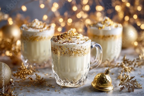 Festive Drinks With Whipped Cream and Gold Sprinkles in a Cozy Holiday Setting