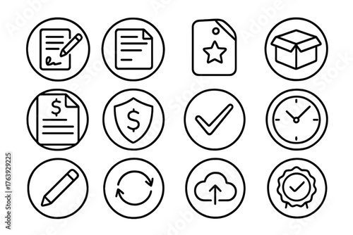 Freelance Workflow Icons. Line style round icons of freelance workflow: proposal form, task brief, milestone tag, delivery icon;