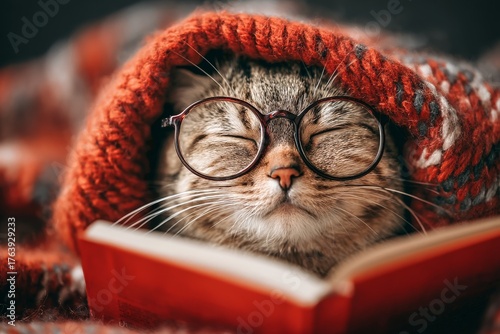 Cat Wearing Glasses Enjoys a Cozy Reading Session Under a Warm Blanket at Home
