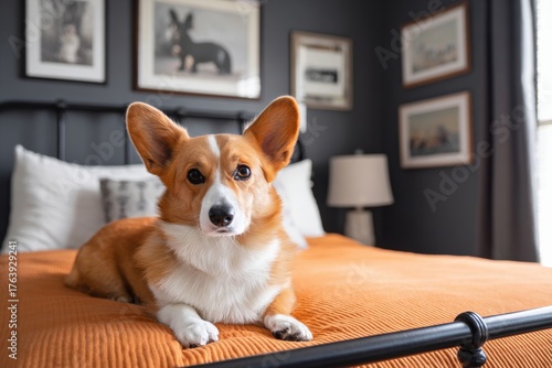 Corgi Relaxes on Bed in Cozy Bedroom With Dark Walls and Art Decor