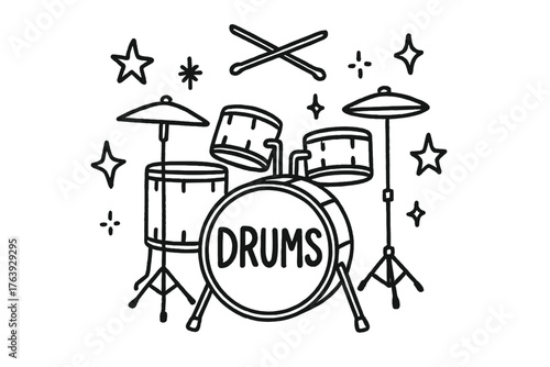 Doodle Drum Design. Doodle drum set with stars, sticks, and sparkles, center word “Drums” in black and white isolated transparent