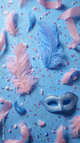 Celebration With Blue and Pink Feathers and Glitter Mask on a Blue Background