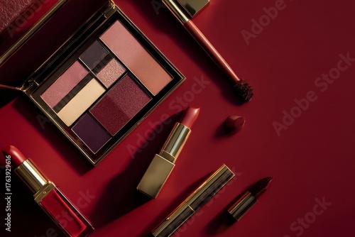 Various Lipsticks and Eyeshadow Palette Arranged on a Red Background for a Be...