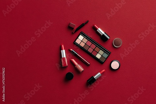 Various Lipsticks and Eyeshadow Palette Arranged on a Red Background for a Be...