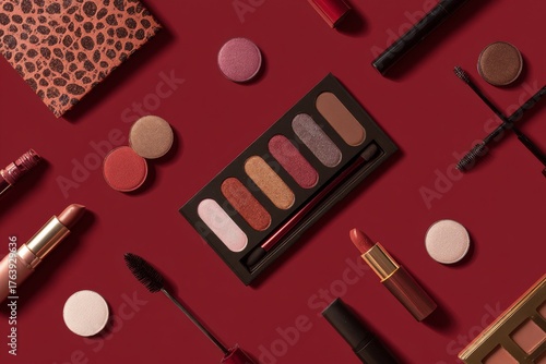 Various Lipsticks and Eyeshadow Palette Arranged on a Red Background for a Be...