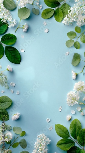 Beautiful Floral Arrangement With White Flowers and Green Leaves on a Blue Ba...