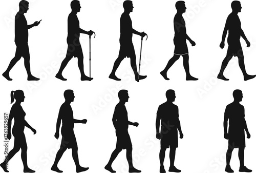 Silhouettes of people walking in varied postures and styles, flat vector, isolated, cad drawing
