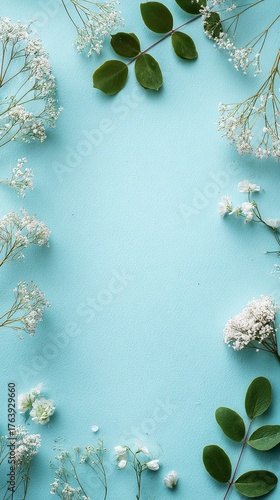 Beautiful White Flowers and Green Leaves Arranged on Blue Background for Crea...
