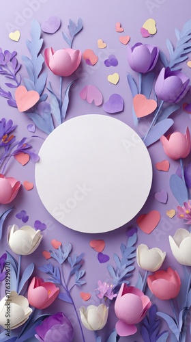 Colorful Paper Flowers and Hearts Create a Festive Decoration With a Blank Sp...