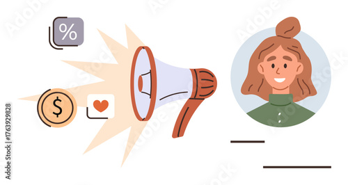 Megaphone amplifying user profile, dollar, heart, and percentage icons. Ideal for advertising, promotions, audience targeting, product marketing, customer engagement branding simple flat metaphor