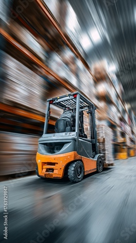 Forklift Moving Swiftly Through a Busy Warehouse Filled With Stacked Pallets
