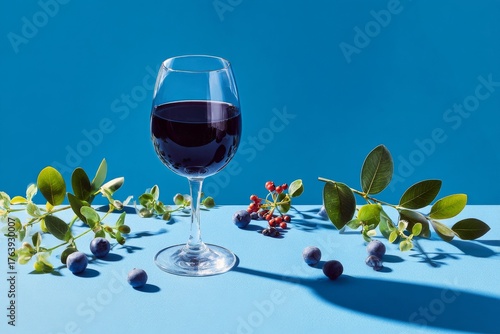 Fresh Berries and Wine Glass on Blue Background Create a Vibrant Still Life S...