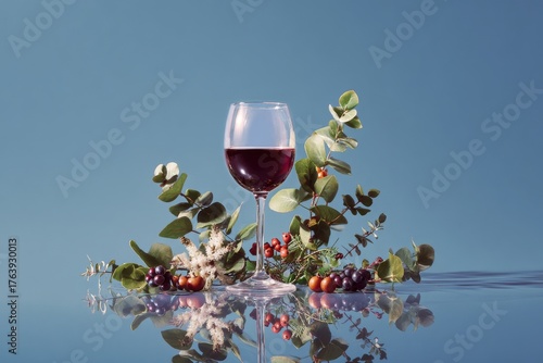 Freshly Poured Red Wine in a Glass With Citrus and Greenery on a Blue Background