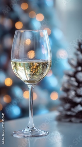 Glass of White Wine in Front of a Christmas Tree With Bright Lights in a Cozy...
