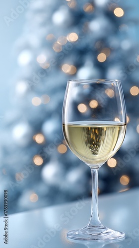 Glass of White Wine in Front of a Christmas Tree With Bright Lights in a Cozy...