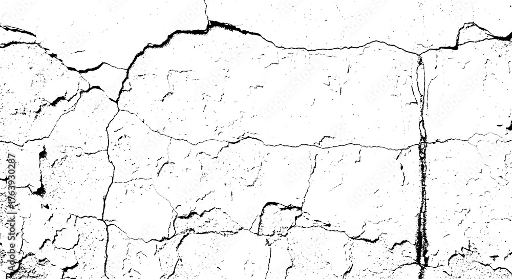 Fototapeta premium Grungy cracked wall texture, black and white distressed background, rough surface, abstract pattern, design element isolated on transparent background