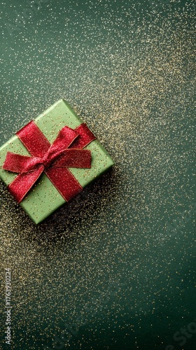 Birthday Gift Wrapped in Green Paper With Red Bow on Glittery Surface