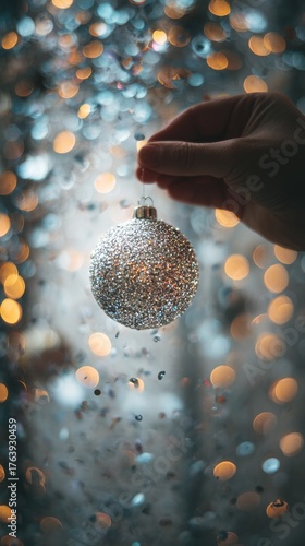 Shimmering Ornament Held Delicately Above Glimmering Background During Festiv...