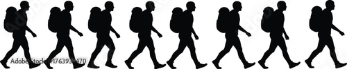 Silhouettes of person walking with backpack in motion cycle, flat vector, isolated, cad drawing