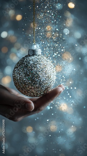 Shimmering Ornament Held Delicately Above Glimmering Background During Festiv...