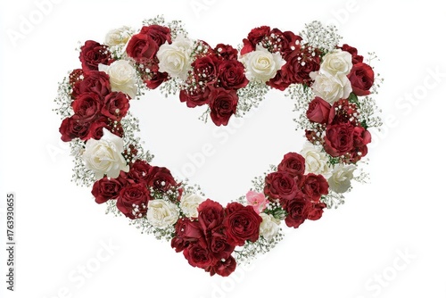 Heart-shaped Floral Arrangement With Red and White Roses Framed by Delicate F...