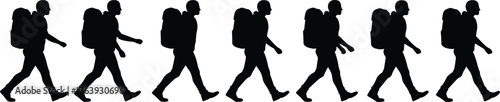 Silhouettes of person walking with backpack in motion sequence, flat vector, isolated, cad drawingSilhouettes of person walking with backpack in motion sequence, flat vector, isolated, cad drawing