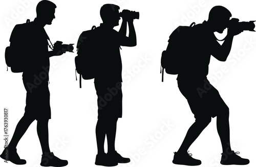 Silhouettes of photographer adjusting and taking pictures, camera poses, flat vector, isolated, cad drawing