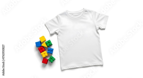 Blank White Kids T-Shirt Mockup with Colorful Toy Bricks