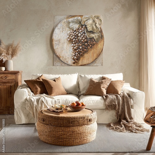 Modern Living Room With Neutral Tones and Grape Artwork for a Cozy Atmosphere